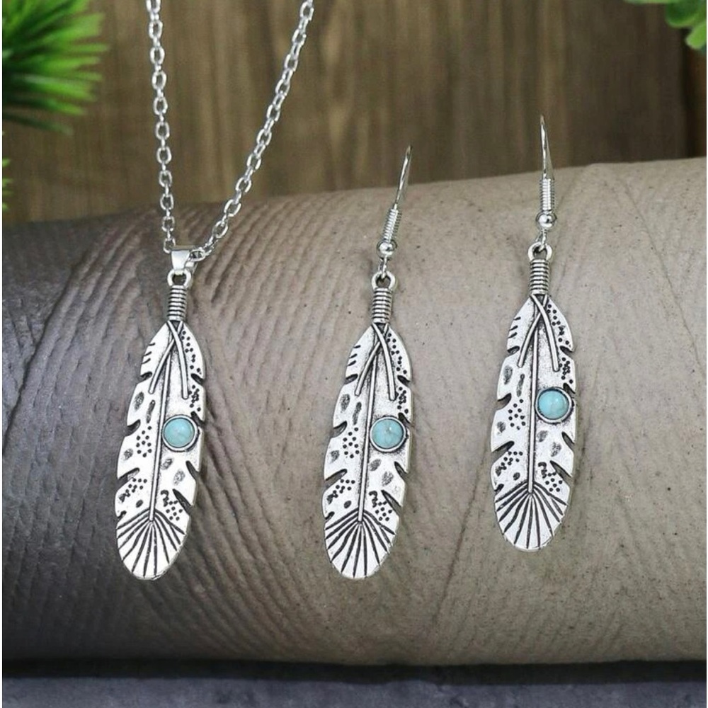 Turquoise feather pendent necklace and feather drop earrings